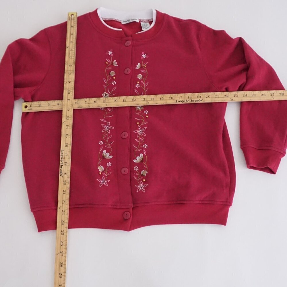 Bonnie Evans Red Embroidered Floral Cotton Blend Cardigan Sweater PXL